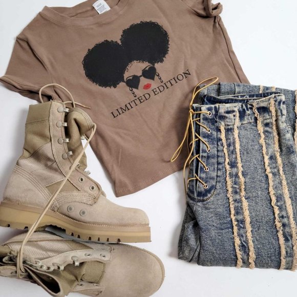 Women Crop Top Bohemian Clothes Short Sleeve Graphic Tee Brown Black - Picture 2 of 4